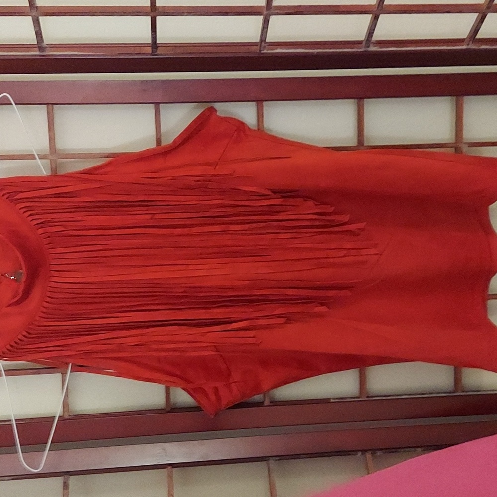 Womens Western Red Suede Tassel Boho Sleeveless Top Sz L NWT